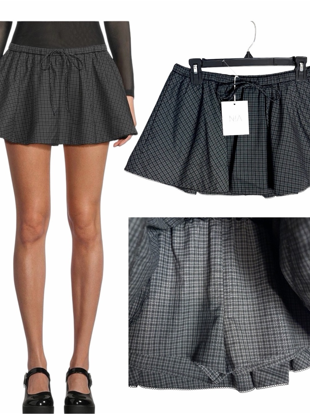 NIA Mini Skater Skirt Skort S Charcoal Check Drawstring Pockets Preppy Academia